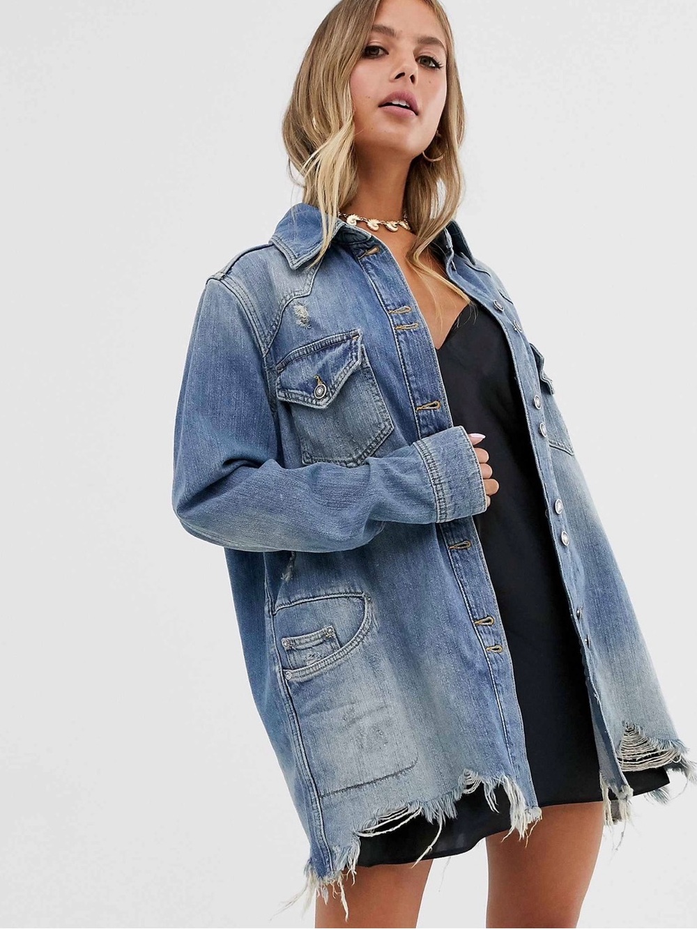 Free People Moonchild Shirt Jacket Button Up Distressed Indigo Blue Sz Small EUC